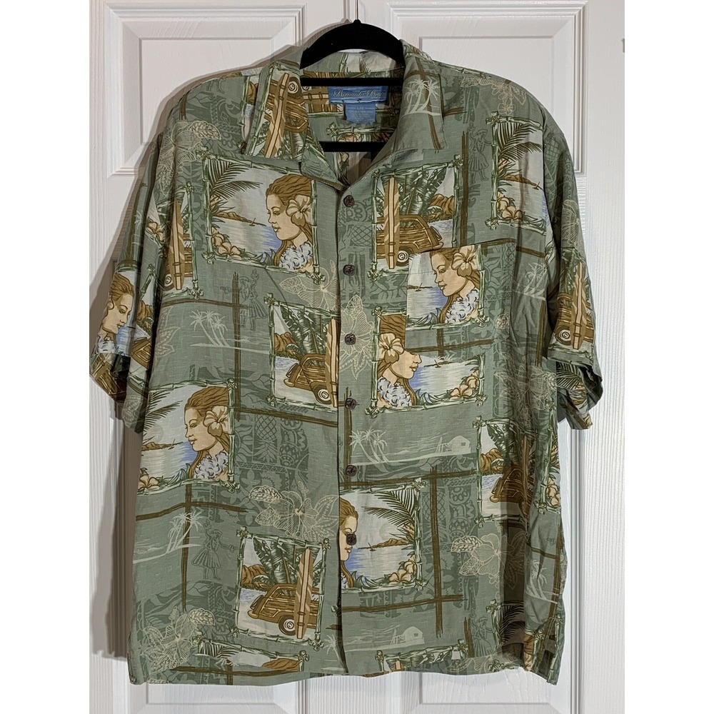 Bermuda Bay Hawaiian Silk Shirt Men's Large Green Brown Floral Surf Island